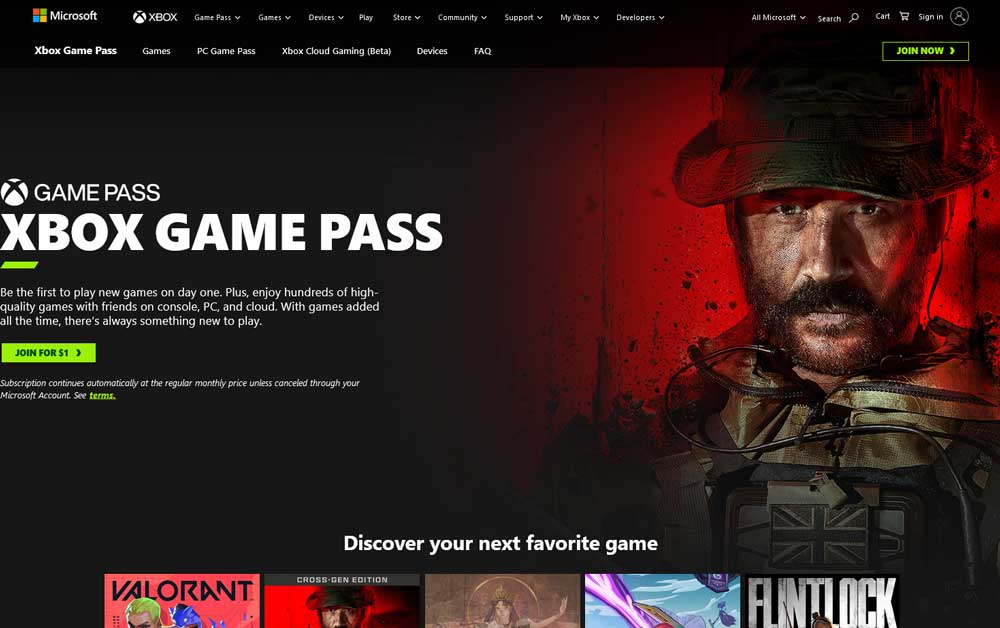صفحۀ اصلی وبسایت سرویس Game Pass